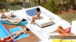 Three stunning blondes have fun in the pool with Leo